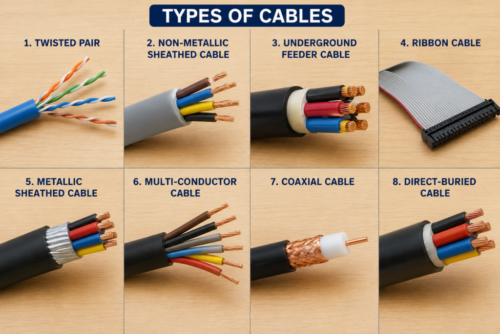 Cables Twisted Pair Non-Metallic Sheathed Cable Underground Feeder Cable Ribbon Cable Metallic Sheathed Cable Multi-Conductor Cable Coaxial Cable Direct-Buried Cable