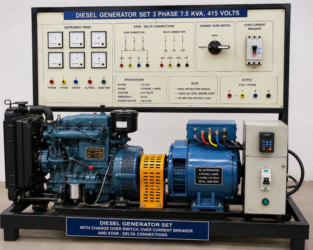 Diesel Generator Set with change over switch, over current breaker and water/ air-cooled with armature, star-delta connections AC 3 phase 7.5 KVA, 415 volt or higher rating
