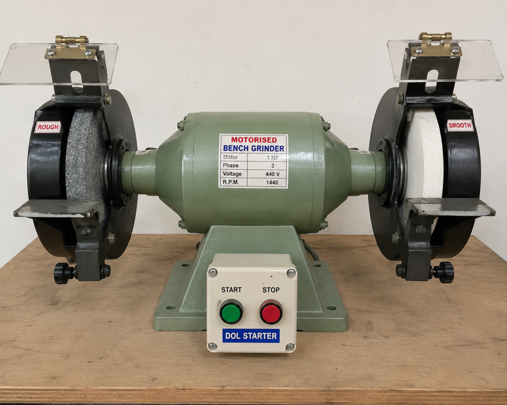 Motorised Bench Grinder 1 HP. 3 phase, 440V with DOL starter, Double side with smooth and rough wheel with Tool Base
