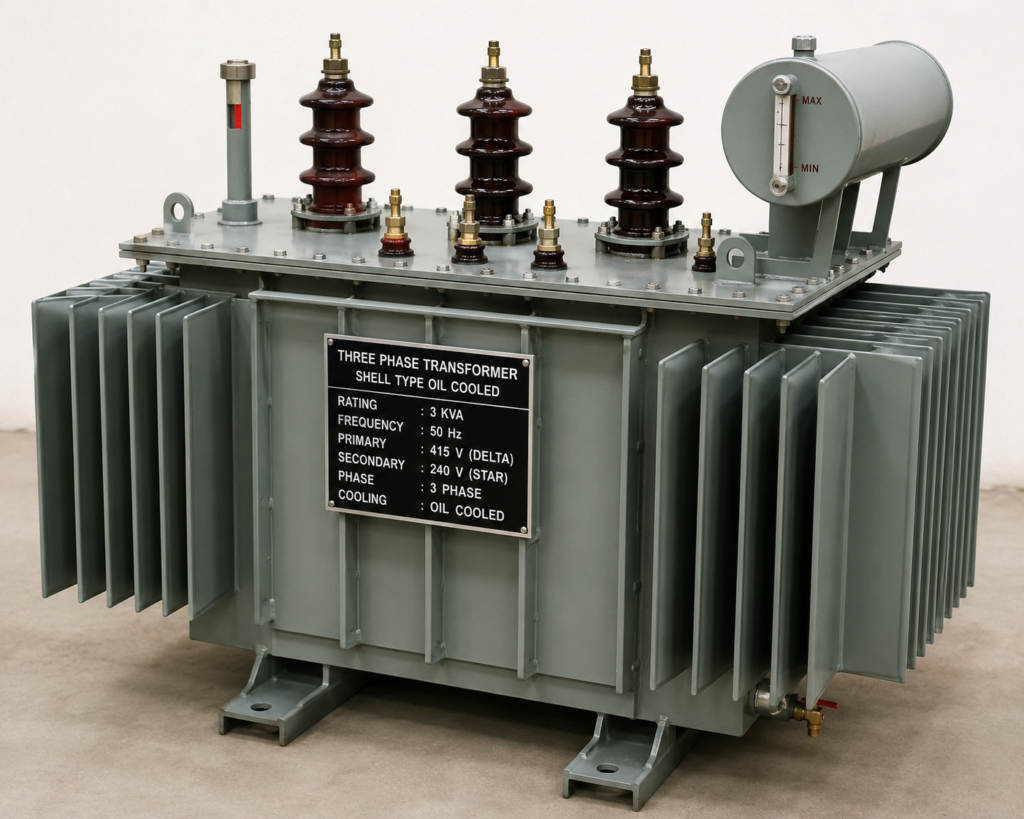 Three phase transformer, shell type oil cooled with Delta Star 3 KVA , 415/240 V, 50 Hz
